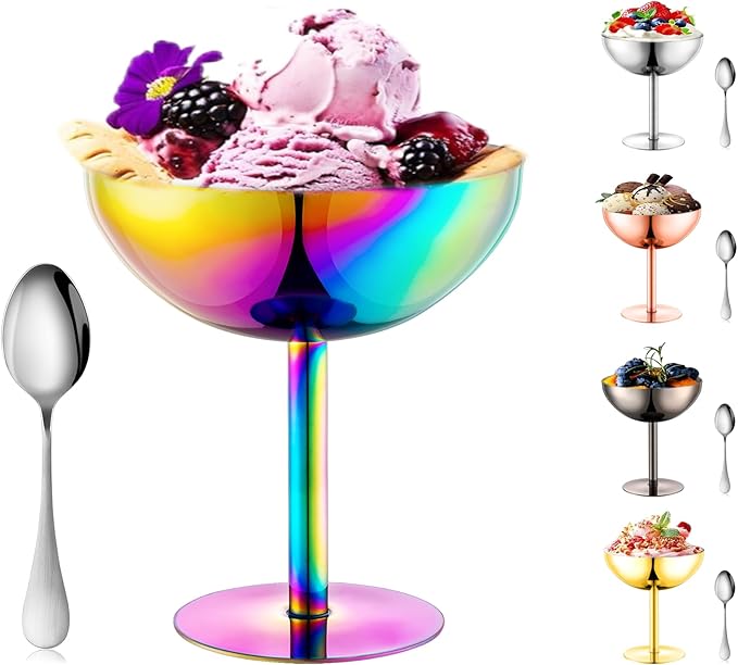 Ice Cream Bowls Stainless Steel Dessert Cups with Spoons Reusable Footed Sundae Cups Ice Cream Cups for Dessert, Frozen Yogurt, Gelato, Birthday Party Decorations (1, Colorful)