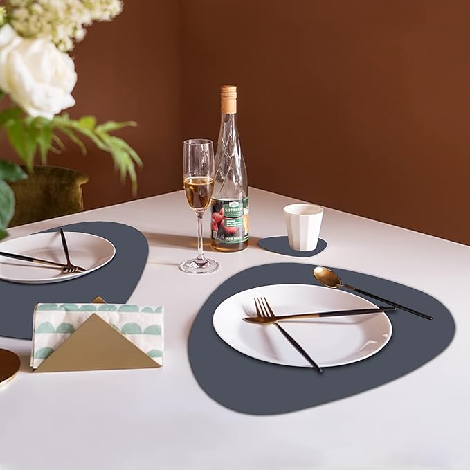 Faux Leather Placemats and Coasters Set, Round Leather for Dinner Table Mats Heat Resistant Non-Slip Washable Insulation Coffee Mats Kitchen Place Mats Nordic Style (Navy Gray, 2 Placemats+2 Coasters)