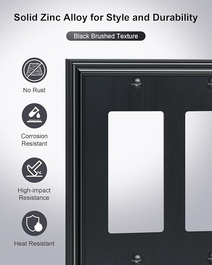 2-Pack Quad Decorator Outlet Cover Plate, Zinc Alloy Decorative Black Switch Plates and Outlet Covers, 4 Gang Wall Plates for Electrical Outlets, Receptacle, GFCI Outlet, Dimmer Switch