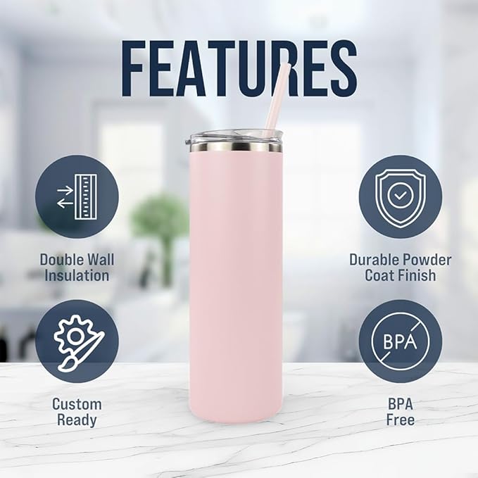 Hogg 20 oz Skinny Case (24 Units) - Light Pink, Powder Coated Tumblers for Laser Engraving, Engravable Tumblers Bulk, Stainless Steel Cups Bulk, Insulated Cups with Lids and Straws