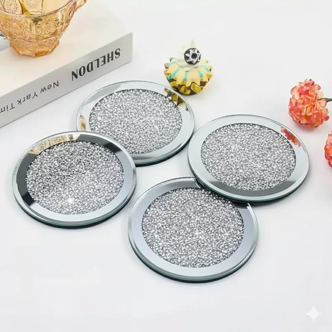 Crushed Diamond Crystal Glass Mirrored Round Coasters Set of 4 Glittering Bling Silver TRENDZY ® Drink Wine Coasters for Home Kitchen Bar & Restaurant Home Decor Birthday Wedding (Round)
