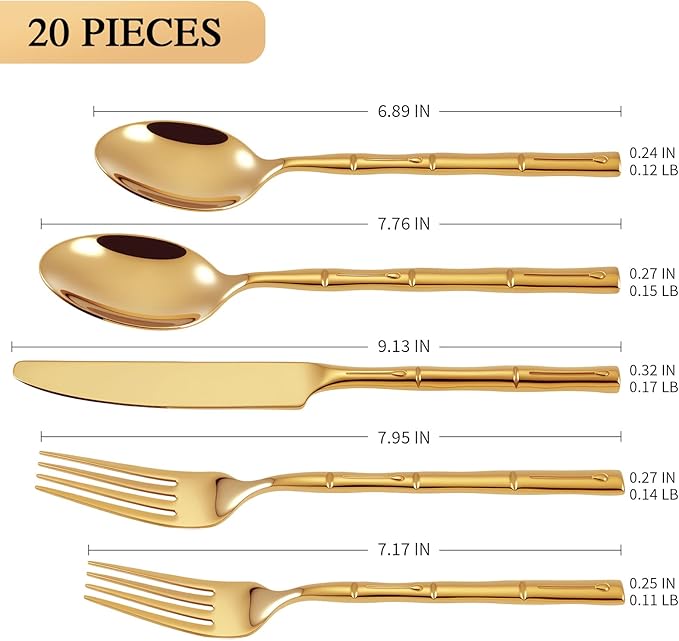 DEACORY Silverware Set Gold Bamboo Pattern Handle Flatware Set, 20-Piece Stainless Steel Cutlery Set Service for 4