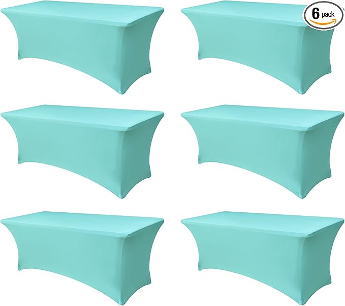 Spandex Table Cloths for 8 Foot Rectangle Tables-6 Pack Fitted Stretch Aqua Blue Table Covers-Folding Tablecloths for Party, Vendor Booth Display, Banquet Buffet Event, Craft Trade Show