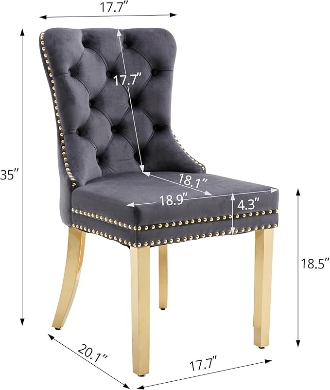 KCC Velvet Dining Chairs Set of 6, Upholstered High-end Tufted Dining Chair with Nailhead Back Ring Pull Trim Stainless Steel Legs, Contemporary Nikki Collection Modern Style for Kitchen, Dark Gray