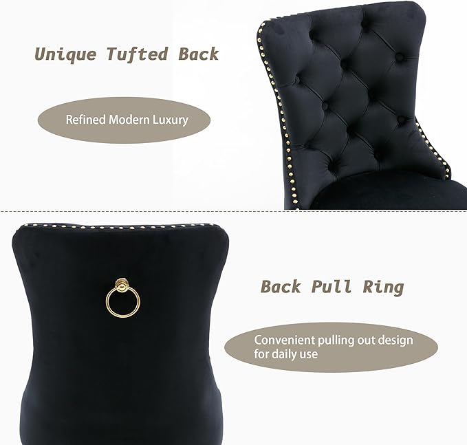 KCC Velvet Dining Chairs Set of 2, Upholstered High-end Tufted Dining Chair with Nailhead Back Ring Pull Trim Stainless Steel Legs, Contemporary Nikki Collection Modern Style for Kitchen, Black
