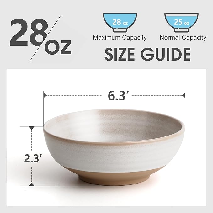 Handmade Ceramic Bowl Set of 4, 28oz - Ideal for Soup, Salad, Cereal, and Rice - Microwave Safe, Durable Clay Dishes - 6.3in