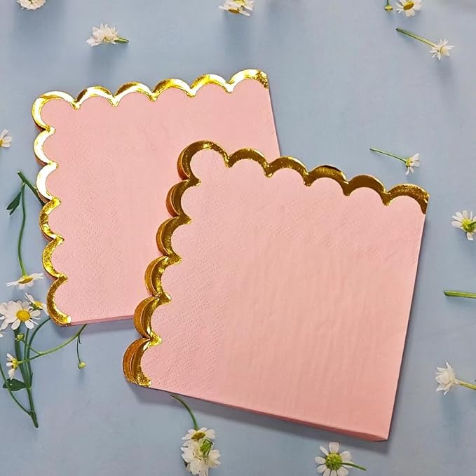 100 pack Pink Mix Cocktail Napkins with Gold Foil Accents Scalloped Edges 5 x 5 inch Beverage Disposable Napkin Party Decoration Wedding Bridal and Baby Shower Dinner Lunch Supplies