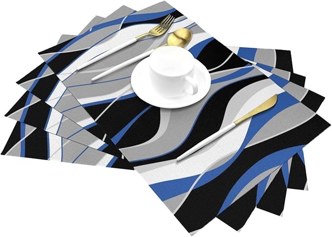 Placemats Set of 4 Black and Blue Place Mats White Grey Striped Modern Abstract Woven Table Mats Washable PVC Placemat for Dining Kitchen Decor Indoor Outdoor, 12 x 18 Inch