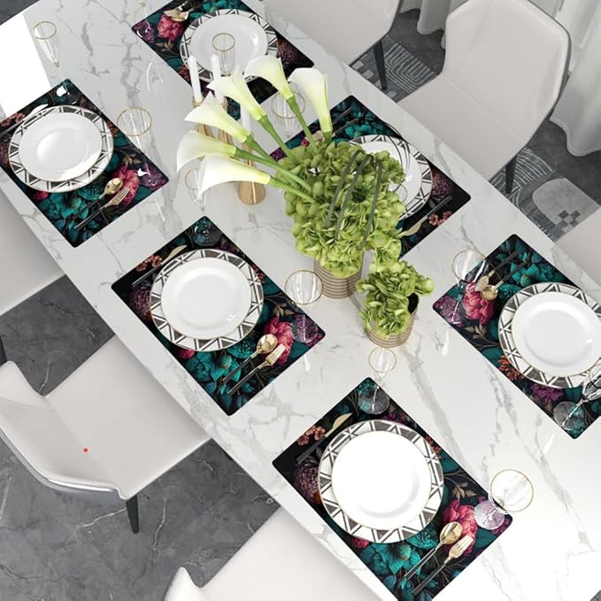 12"x18" Dark Black Pink Purple Red Peony Floral Placemats Set of 4 Washable Thick Place Mats Kitchen Table Mats Decorative Linen Fabric Table Mat for Dining Table Kitchen Home Decor