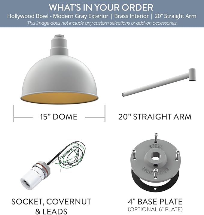 Steel Lighting Co. Hollywood Bowl Light | Outdoor Wall Mounted | 15 inch Bowl Dome | 20" Straight Arm | Barn Light Made in America | Modern Gray Exterior/Brass Interior