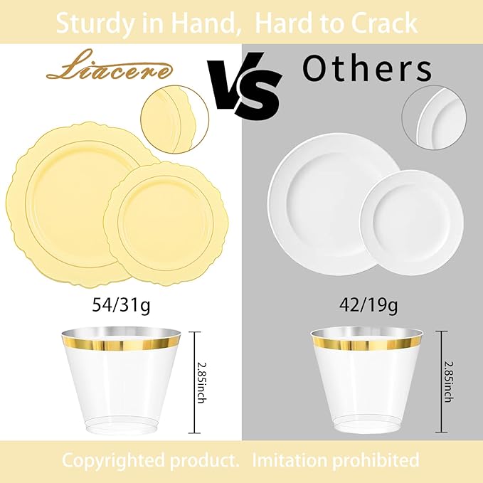 Liacere 350PCS Yellow Plates - Yellow Disposable Plastic Plates With Gold Rim-50Guest Plastic Dinnerware include 100 Plates,50 Pack Pre Rolled Napkins with Silverware 50Cups for Wedding＆Easter Day