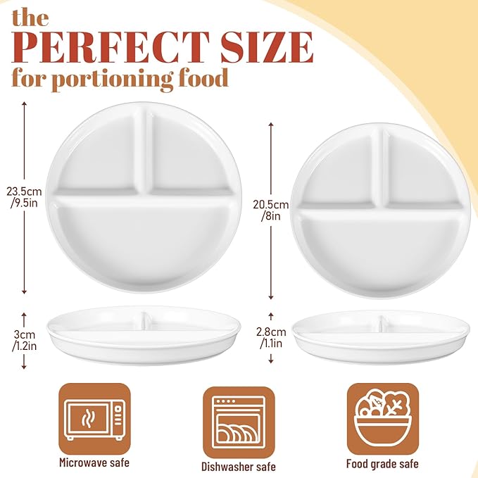 Lounsweer Set of 8 Pcs Portion Control Plate Ceramic Divided Bariatric Plates 3 Compartment Reusable Dinner Plates for Weight Loss Balanced Meal (8 Inch)