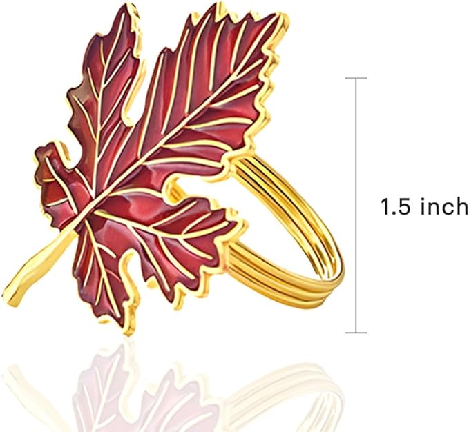 Decozen Set of 8 Red Gold Napkin Rings in Leaf Design, Festive, Table Decor Setting for Holiday, Wedding, Birthday, Kitchen, Home Decor, Housewarming Gift - Thanksgiving & Christmas Gift Decoration