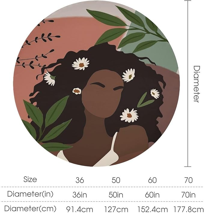 Bohemian Retro Mid Century Round Tablecloth, African Woman Girl Leaves Flower Tablecloth for Home Party Dining Room Kitchen Decor 60Inch(152cm)