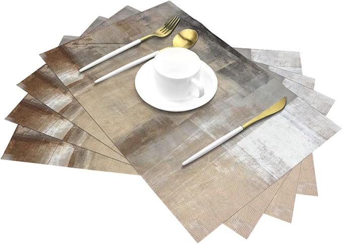 Placemats Set of 4 Taupe Grey Brown Place Mats Beige Ombre Modern Rustic Woven Table Mats Washable Abstract Art Print PVC Placemat for Dining Kitchen Decor Indoor Outdoor, 12 x 18 Inch