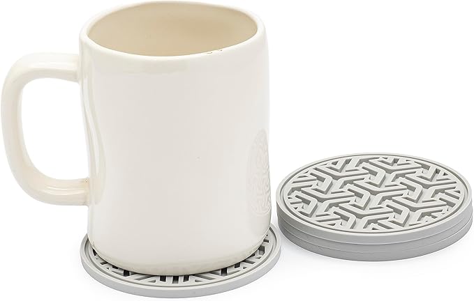 Drink Coasters for Tabletop Protection - Set of 4 No-Slip Silicone Rubber Coasters for Coffee Table, Desk & More - USA-Made Coasters for Drinks w/Liquid-Catching Grooves (Light Gray)