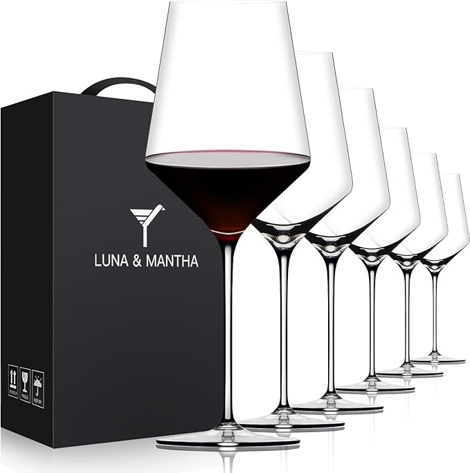 OJA Red Wine Glasses Set of 6, Premium Crystal Wine Glasses Hand Blown, 17 oz, Long Stem, Thin Rim, Perfect for Daily Use, Unique Wedding Anniversary or Birthday Gift