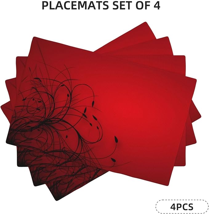 Red Black Abstract Flower Placemats Set of 4 Retro Floral Linen Washable Placemat Kitchen Dining Heat-Resistant Modern Rustic Place Mats Desktop Decor Table Mats 12x18 Inch