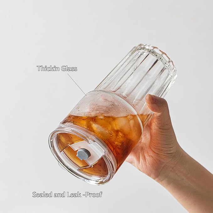 INSETLAN 20 oz Clear Glass Tumbler Set with Lids and Straws – 4-Pack Iced Coffee Cups with Glass Straws & Brushes, Reusable Drinking Glasses for Smoothies, Tea, Juice, Beer, Cold Beverages