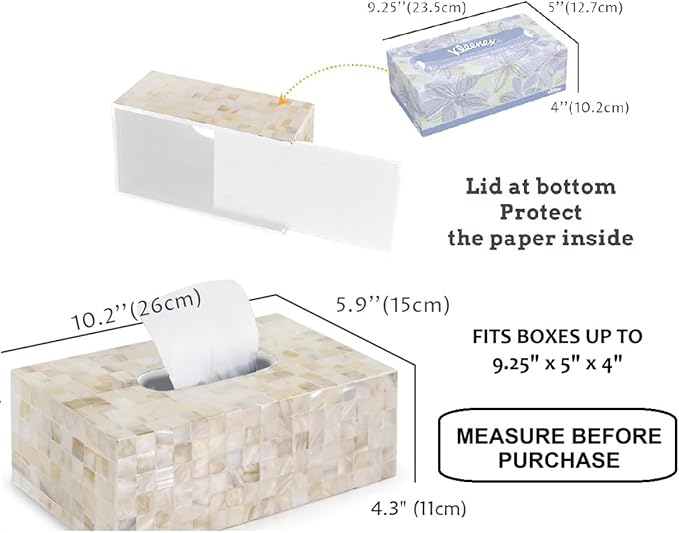 PEMAR Rectangular Mother of Pearl Lacquer Nacre Inlay Wood Tissue Box, Handmade Rectangle Tissue Box Cover Holder Decorative Napkin Dispenser Organizer Rustic Farmhouse Vintage Decor (White Sand)