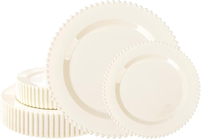 U-QE 60PCS Ivory Plastic Plates - Beaded Ivory Plates Disposable Heavy Duty - Perfect for Party, Baby Shower, Wedding, Birthday - Include 30PCS 10inch Dinner Plate & 30PCS 7inch Dessert Plate