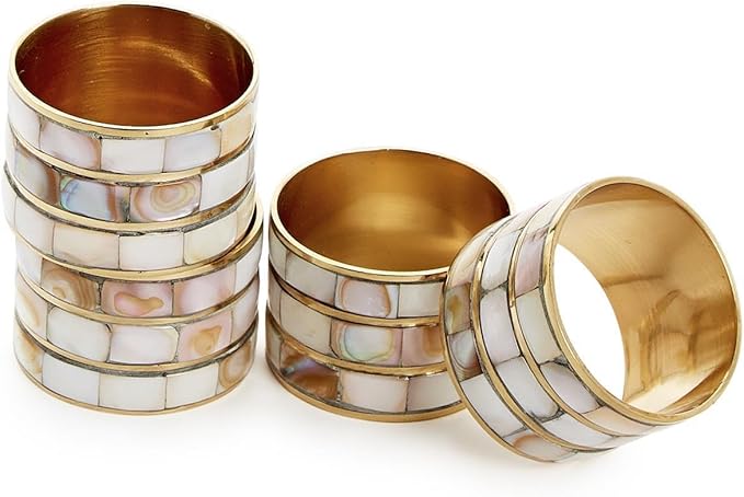 Two's Company Mother of Pearl Napkin Ring Holder in Gift Box, Set of 4, 1.5-inches Diameter, Brass