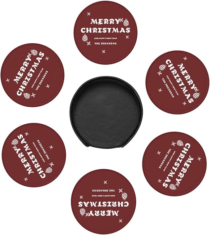 Customize PU Leather Coasters for Men, Red Custom Coasters with Last Name, Merry Christmas and Happy New Year Personalized Drink Coaster 6 PCS, Coaster Set with Holder, Gift for Christmas