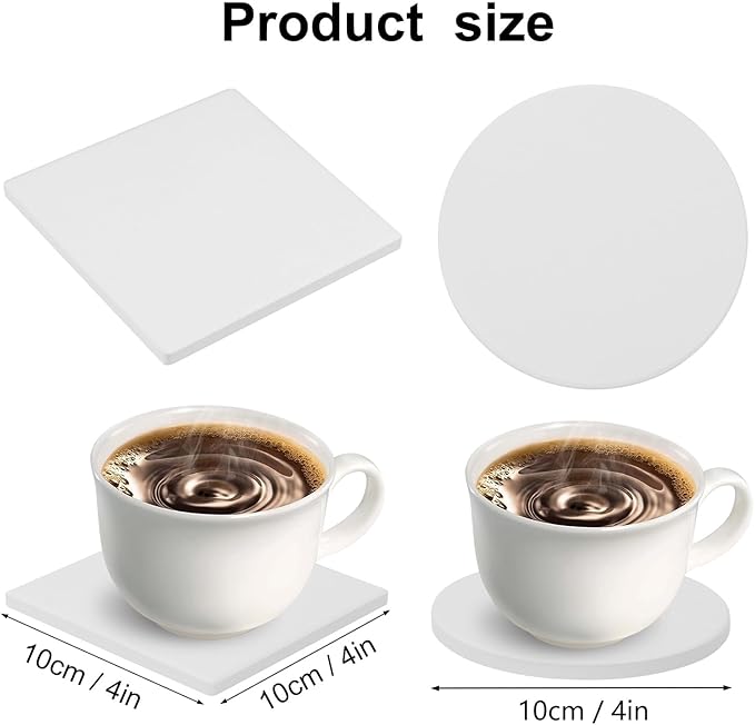 50 PCS 4 Inch Round and Square Ceramic Coasters with Cork Backing Pads, Unglazed Ceramic Tiles for Arts and Crafts, DIY, Ceramics Tiles to Paint, White Coasters Tiles Bulk for Art Projects