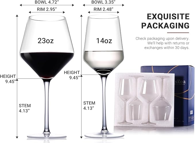 Physkoa Wine Glass Set of 4 – 2 Red Wine (23oz) & 2 White Wine (14oz) Hand-Blown Crystal Glasses with Corkscrew, Perfect for Christmas, Wedding & Housewarming Gifts