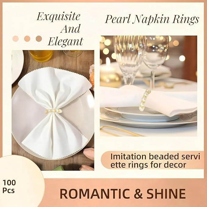 Petyoung 100Pcs Pearl Napkin Rings Set, Golden Elegant Pearl Napkin Holders, Delicate Serviette Buckles Napkin Rings for Wedding Thanksgiving Party Dinner Daily Table Decoration and Use