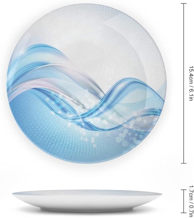 Ceramic Display Plate, Abstract Ceramic Hanging Decorative Plate, Modern Wavy Ocean Surfer Summertime Themed, 10 Inch, Living Room Kitchen Decoration Household, Pale Blue and White