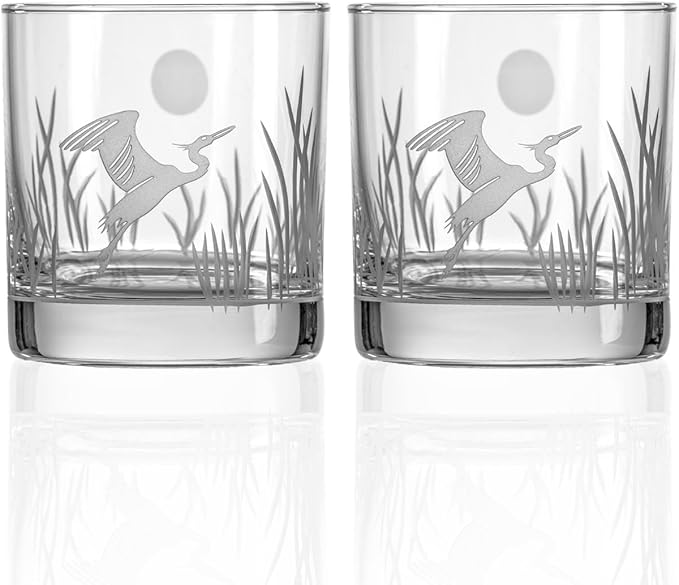 Rolf Glass Heron 3pc Whiskey Decanter Set with 2 On the Rocks Glasses and Airtight Stopper | Elegant Lead-Free Glass for Bourbon, Scotch, Liquor | Engraved in the USA | 23oz Decanter, 11oz Glasses