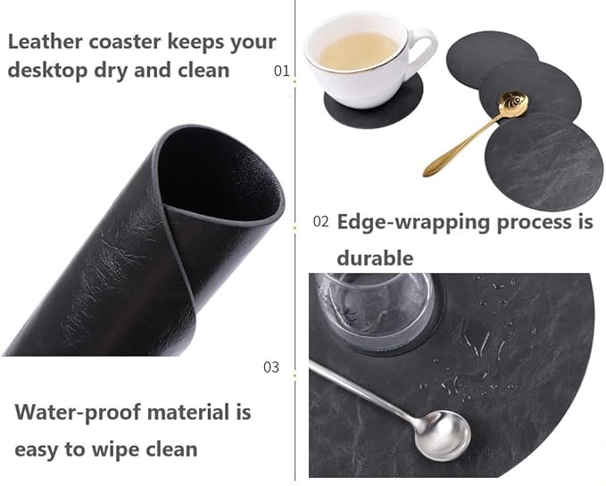 Set of 8 Faux Leather Round Placemats and Coasters, Coffee Mats Kitchen Table Mats, Waterproof, Easy to Clean for Kitchen Dining Round Table