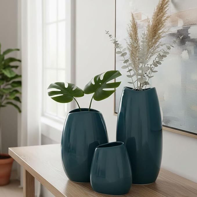 hjn Ceramic Vase Set of 3 Teal Flower Vase for Home Decor, Modern Decorative Vase for Flowers Vases for Your Ideal Shelf Decor/Table/Living Room/Kitchen/Office-Teal