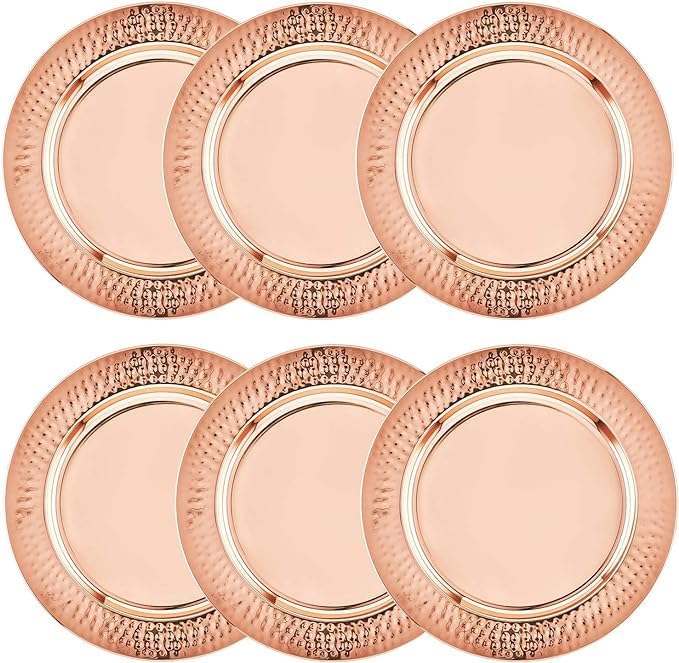 Copper Charger Plates - 6 Pack - 13 inch Round Rose Gold Charger Plates with Hammered Rim - Copper Charger Plate Set