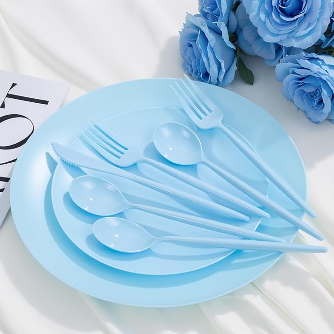 EI 150pcs Blue Plastic Plates Disposable Light Blue Baby Shower Plates Heavy Duty Dinnerware Set Plastic Silverware for Party,Wedding,Easter,Spring Afternoon Tea