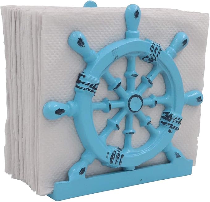 THDC Nautical Napkin Holder, Lunch, Dinner, Nautical Collection Napkin Holder, Made of Metal (Wheel Distressed Blue)