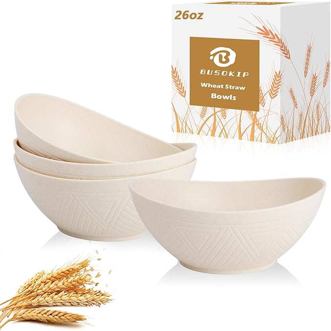 Wheat Straw Bowls Set of 4, Unbreakable Cereal Bowl 26 OZ, Microwave & Dishwasher Safe Kitchen Bowl for Ramen, Salad, Oatmeal, Rice, Plastic Bowls Reusable for Camping - Beige