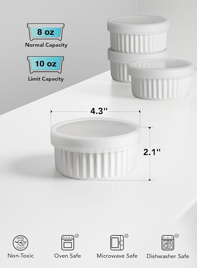 LE TAUCI Ramekins with Silicone Lids, 8 OZ Ceramic Soufflé Dishes, Ramekin Bowls for Crème Brûlée, Dessert, Dips, Oven & Microwave Safe, Set of 4, White