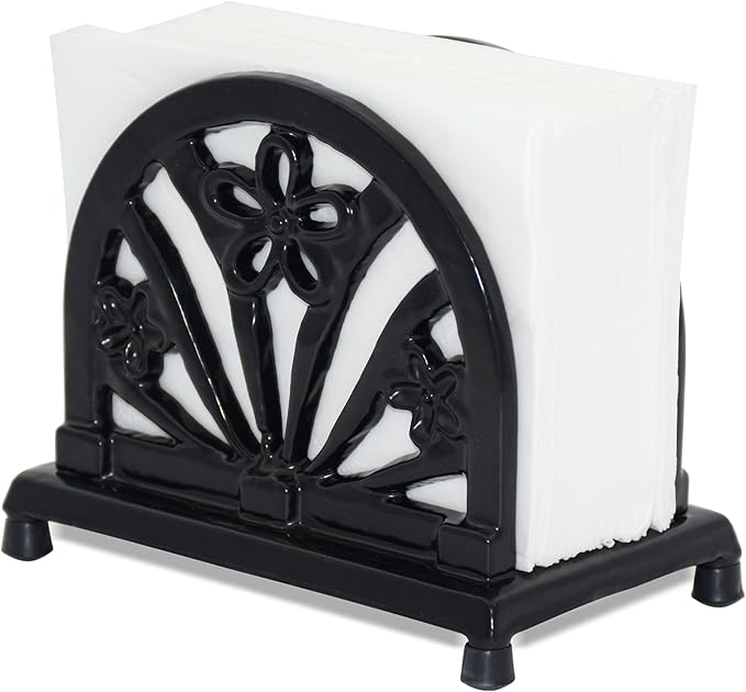 Napkin Holder for Table, Vintage Cast Iron Paper Napkins Tissue Dispenser with Daffodil Pattern for Kitchen Dining Room Countertop Decor, Black