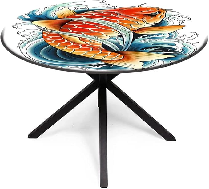 Polyester Tablecloth, Koi Fish Waterproof Oil-Proof PVC Table Cloth, Tattoo Style Japanese Wave, Fit Round Tables 56inch Diameter, for Xmas/Parties/Home, Multicolor