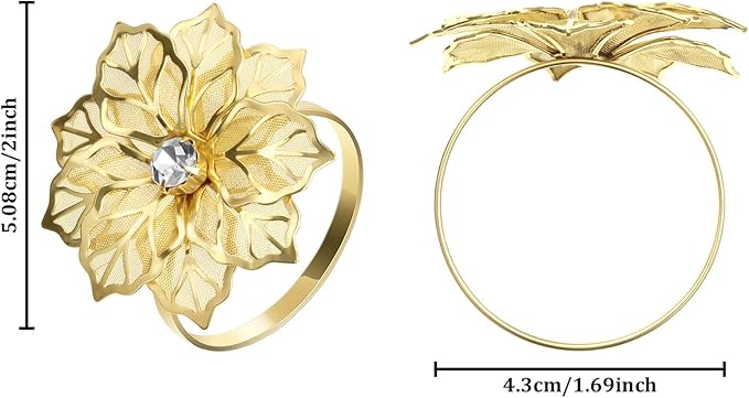 Hotop 24 Pcs Gold Napkin Rings Flower Napkin Holders Buckles Hollow Out Rhinestone Christmas Delicate Serviette Buckles for Thanksgiving Party Gathering Dinner Wedding Banquet Holiday Table Decor