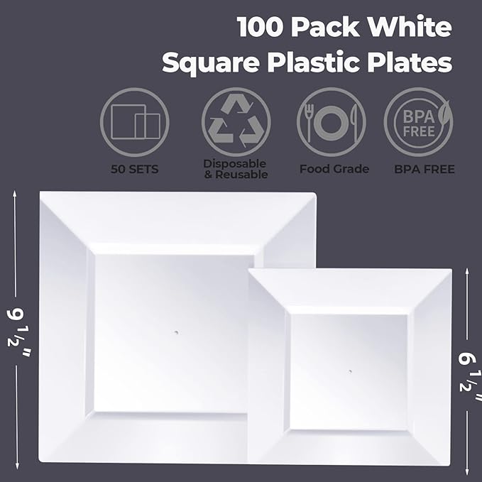 Goodluck 100 Pack Square Plastic Plates, Heavy Duty 50 Dinner Plates 9.5" and 50 Dessert Plates 6.5", Fancy Disposable Plates for Wedding, Holiday Party, Birthday, White