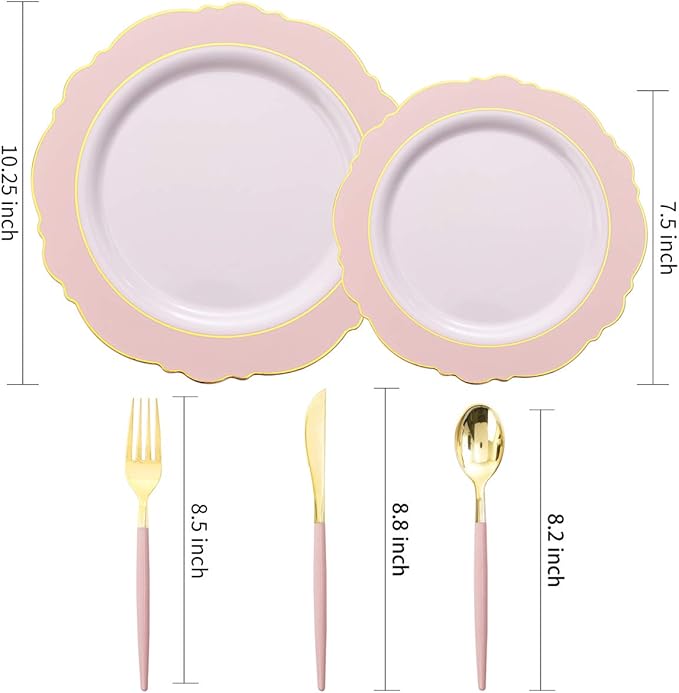WDF 30Guest Pink Plates Disposable - Hign-end Baroque Design - Gold Plastic Silverware with Handle-Baroque Pink &Gold Plastic Dinnerware for Valentine's Day/Wedding