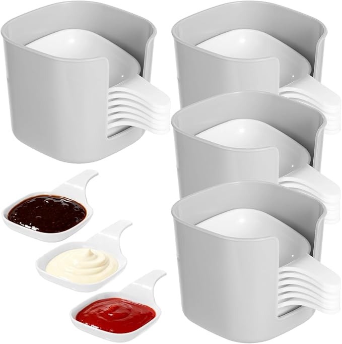 4 Set Dipping Sauce Plate and Holder Set, Plastic Dipping Dish with Storage Box, Mini Dipping Bowls with Handle for Ketchup, Soy, Barbecue, Condiments, Snacks, Fruits, Party