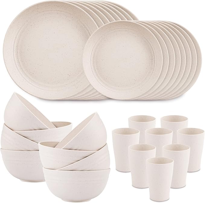 Supernal Wheat Straw Dinnerware Sets,Dish Sets for 8,Plates and Bowls Set Dishwasher Safe,Unbreakable Dinnerware,Reusable Plastic Plates,Beige Color 16pcs Plates, 8pcs Bowls, 8pcs Cups.