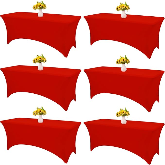 HAISIWLKJ 6 Pack Table Cloth 6ft Red Tablecloths for Rectangle Folding Table Spandex Fitted Stretch Cover Wrinkle Resistant Washable Protector for Party, Wedding, Banquet, Festival.