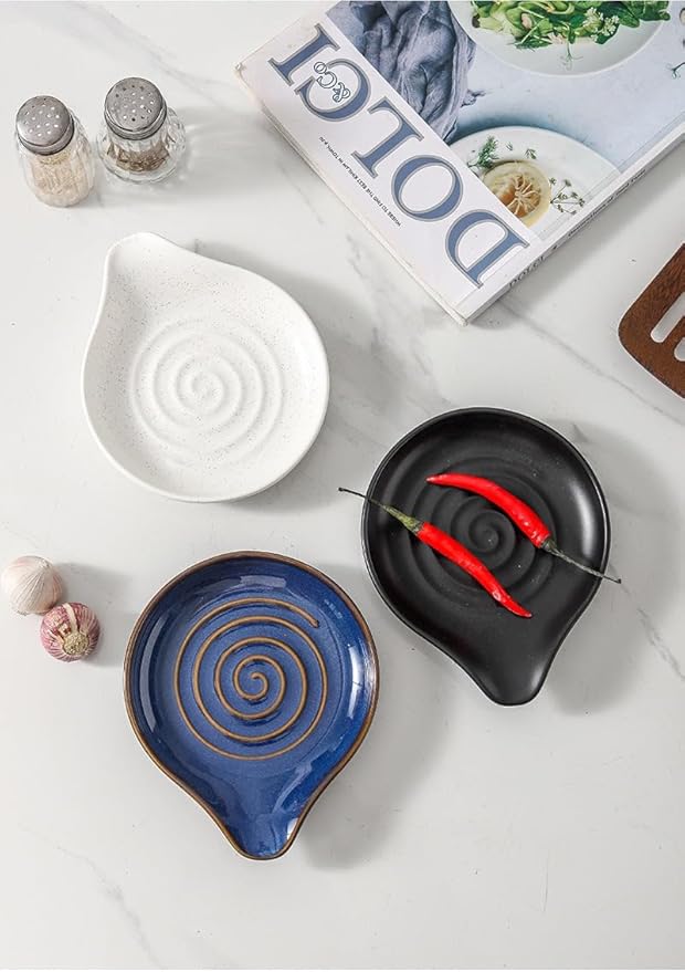 6-Inch Ceramic Spoon Rest - Heat Resistant, Non-Slip for Kitchen Utensils, Spoon Holder Stovetop, Dishwasher Safe - Elegant Spiral Design White, New Year Housewarming Gift