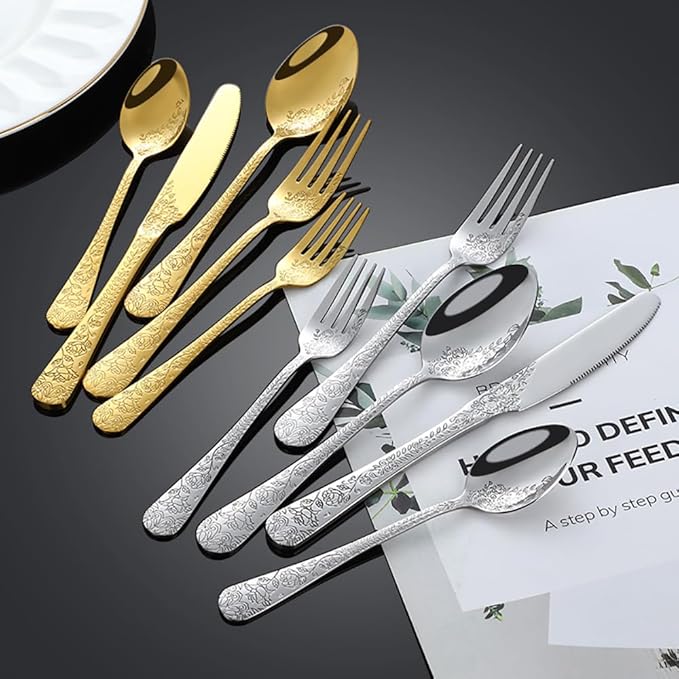 60-piece flowers Gold TWEE Silverware Set for 12, Palace Style Stainless Steel Flatware Cutlery Serving Utensils, Eating Tableware for Home Kitchen Hotel Restaurant, Mirror Polished