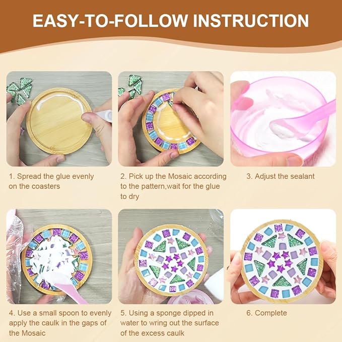 Adboros 10 Sets DIY Glass Mosaic Tiles for Crafts Mixed Color Mosaic Kits with Wooden Coaster for Adults Bamboo Coaster for Drinks Tray Handmade Home Decoration